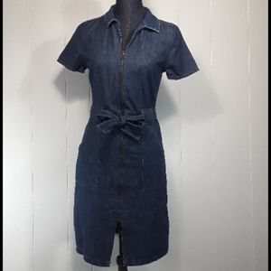 jean belted zipper front bodycon midi dress size small